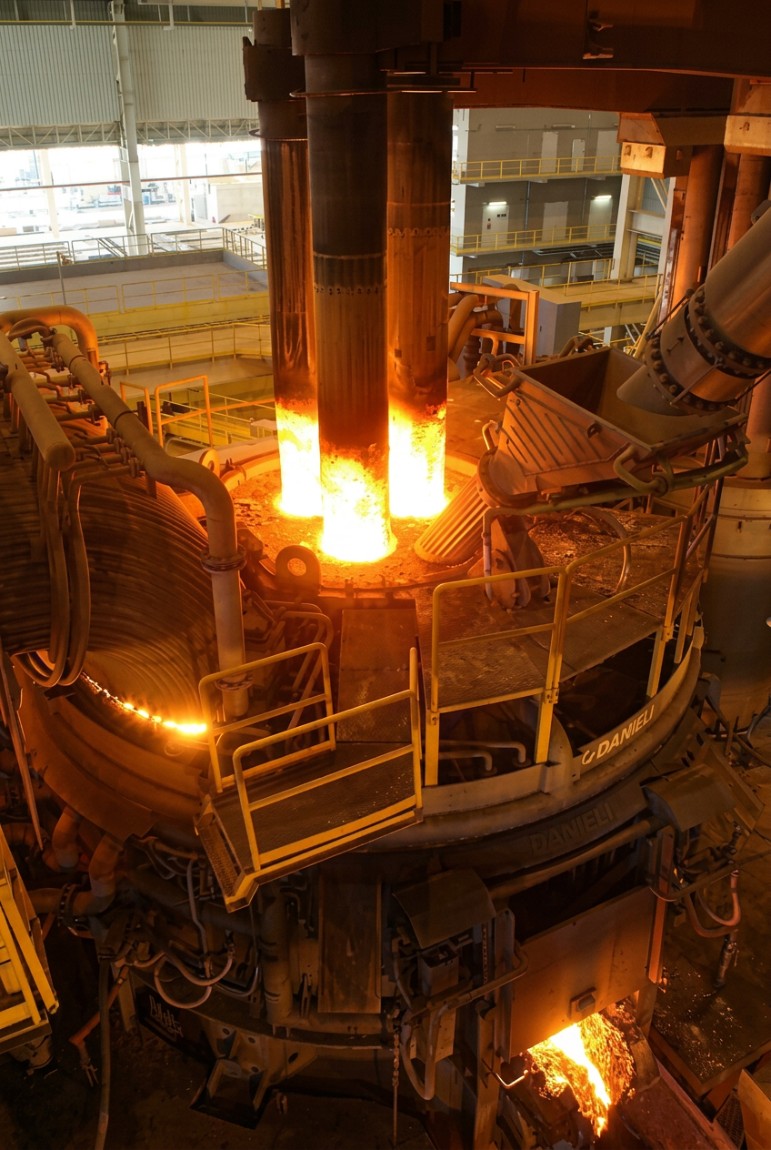 Overhead view of EAF graphite electrodes with molten steel and intense flames during operation